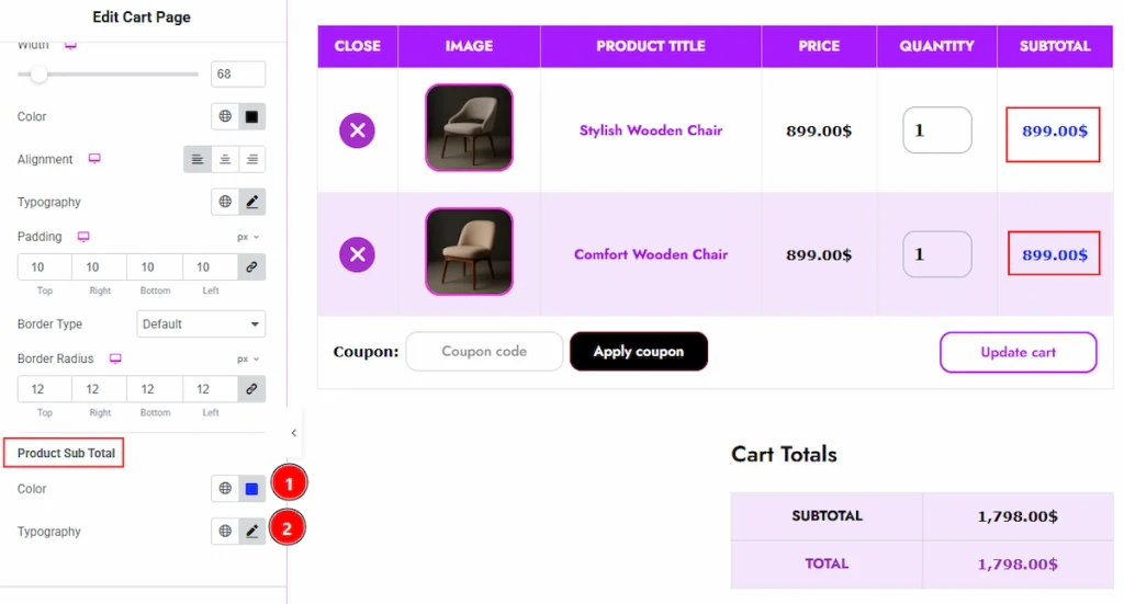 Cart Item Section - Product Sub Total Sub-section