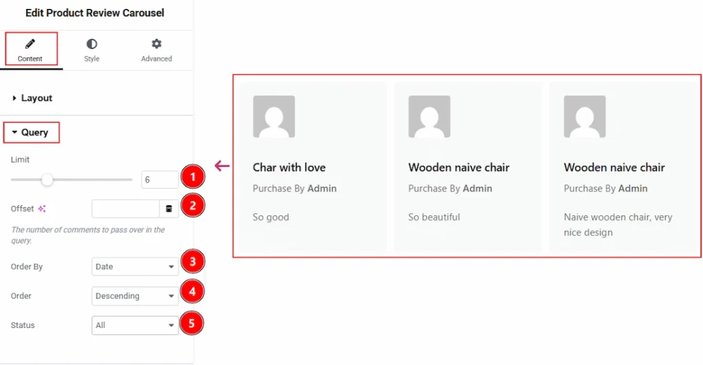 How to use the Product Review Carousel widget by Wow Elements Pro - Content Tab Overview - Query Section