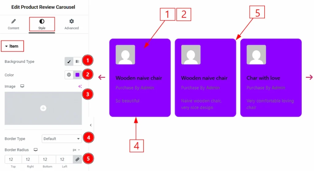 How to use the Product Review Carousel widget by Wow Elements Pro - Style Tab Overview - Items Section 01