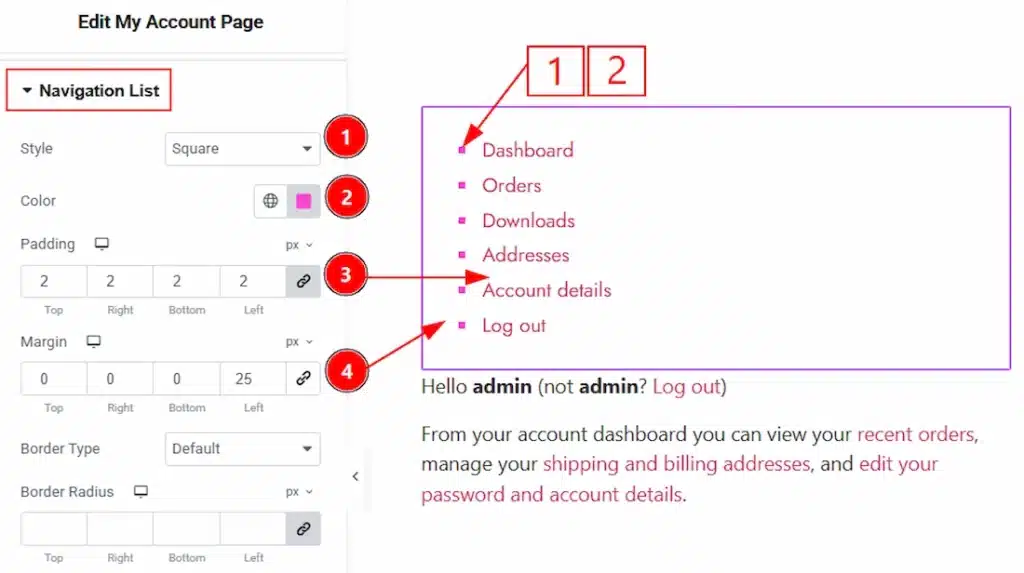 How to use the My Account Page widget by Wow Elements Pro - Style Tab Overview - Navigation List Section 01