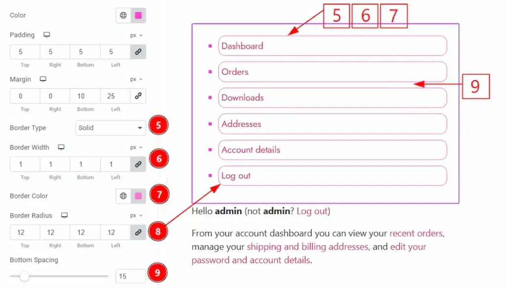How to use the My Account Page widget by Wow Elements Pro - Style Tab Overview - Navigation List Section 02