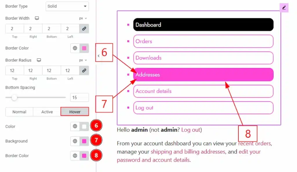 How to use the My Account Page widget by Wow Elements Pro - Style Tab Overview - Navigation List Section 04
