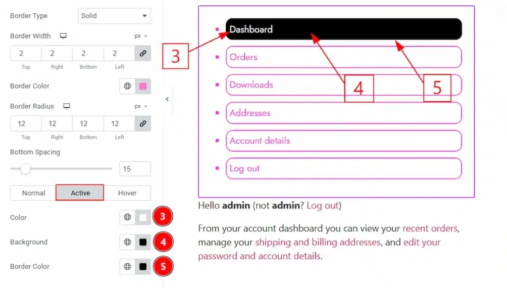 How to use the My Account Page widget by Wow Elements Pro - Style Tab Overview - Navigation List Section 04