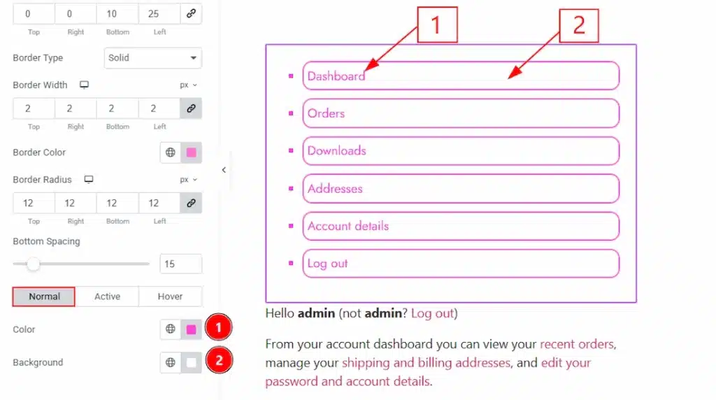 How to use the My Account Page widget by Wow Elements Pro - Style Tab Overview - Navigation List Section 03