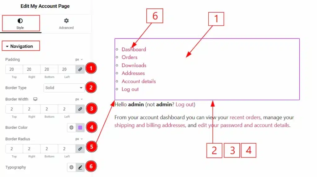 How to use the My Account Page widget by Wow Elements Pro - Style Tab Overview - Navigation Section 01