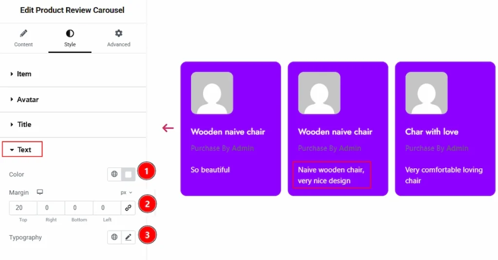 How to use the Product Review Carousel widget by Wow Elements Pro - Style Tab Overview - Text Section
