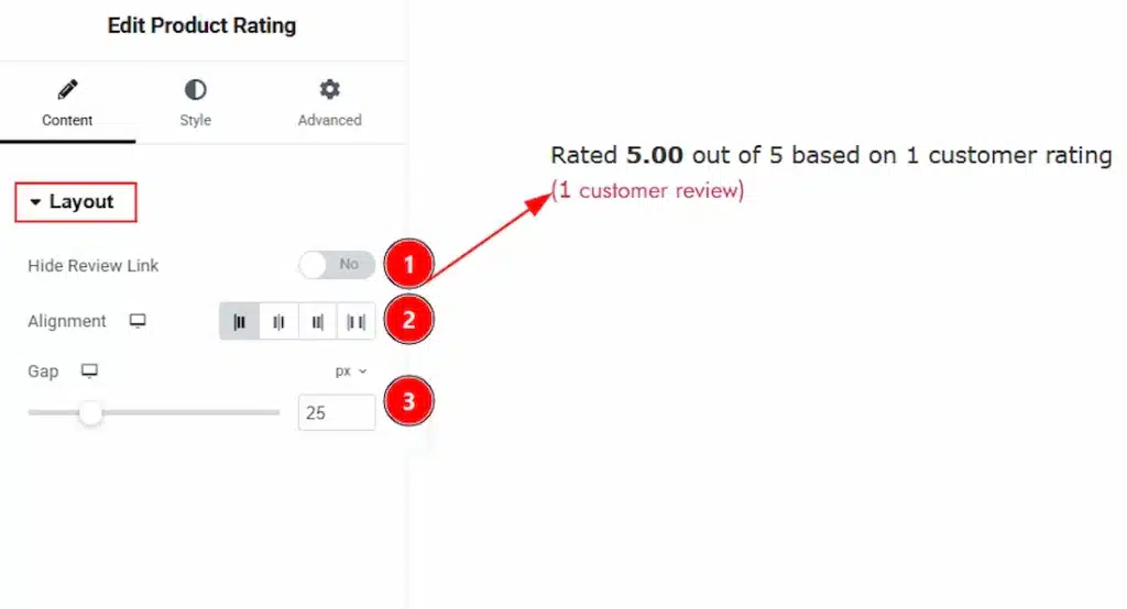 How to use the Product Rating widget by Wow Elements Pro - Content Tab Overview - Layout Section