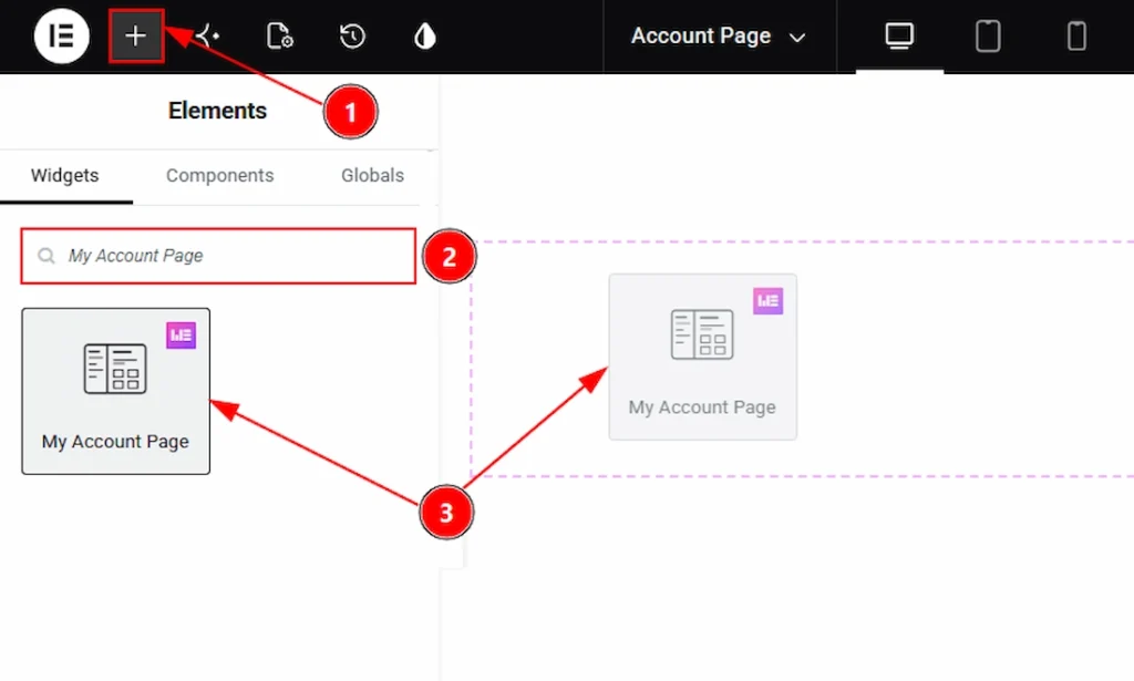 How to use the My Account Page widget by Wow Elements Pro - Inserting the My Account Page widget