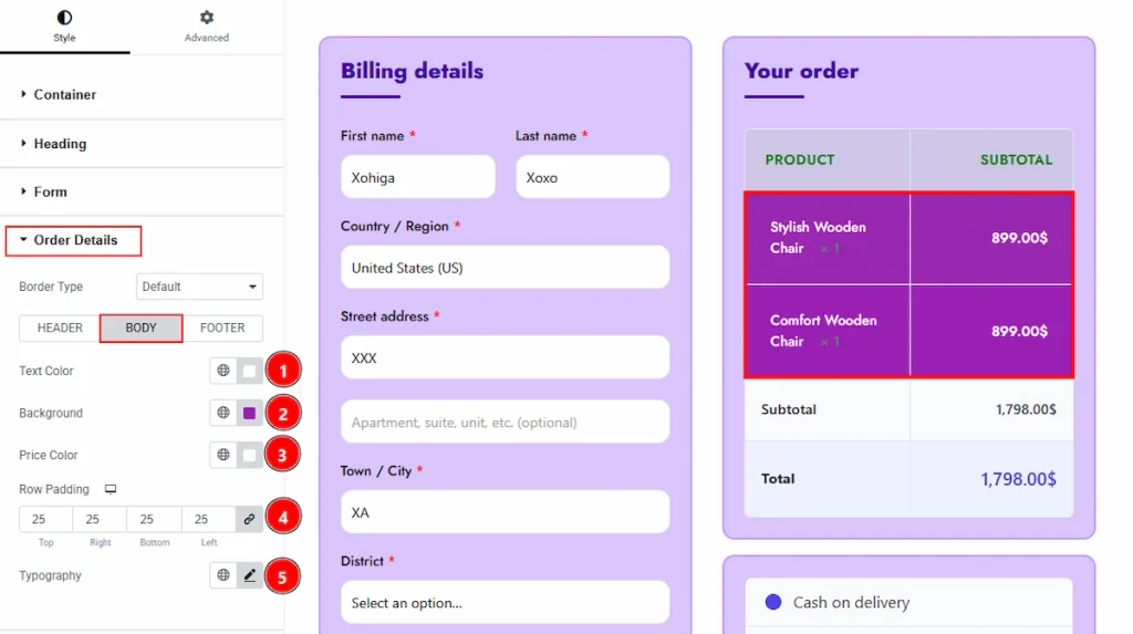 Order Details Section - Body