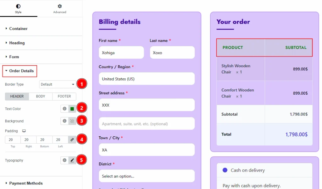 Order Details Section - header