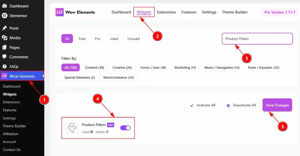 Enable the Product Filters Widget