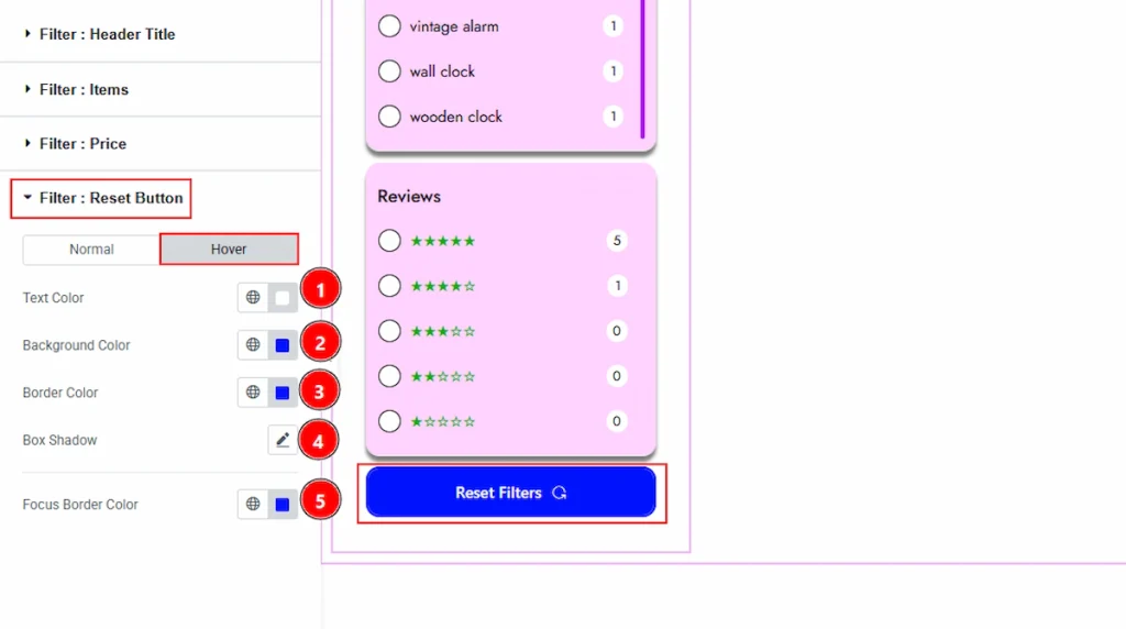 Filter : Reset Button Section - Hover