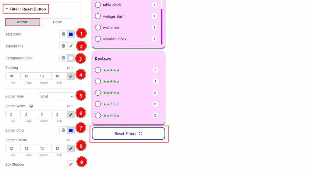 Filter : Reset Button Section - Normal